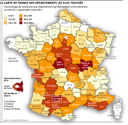 carte de France des départements les plus touchés par la canicule 2003